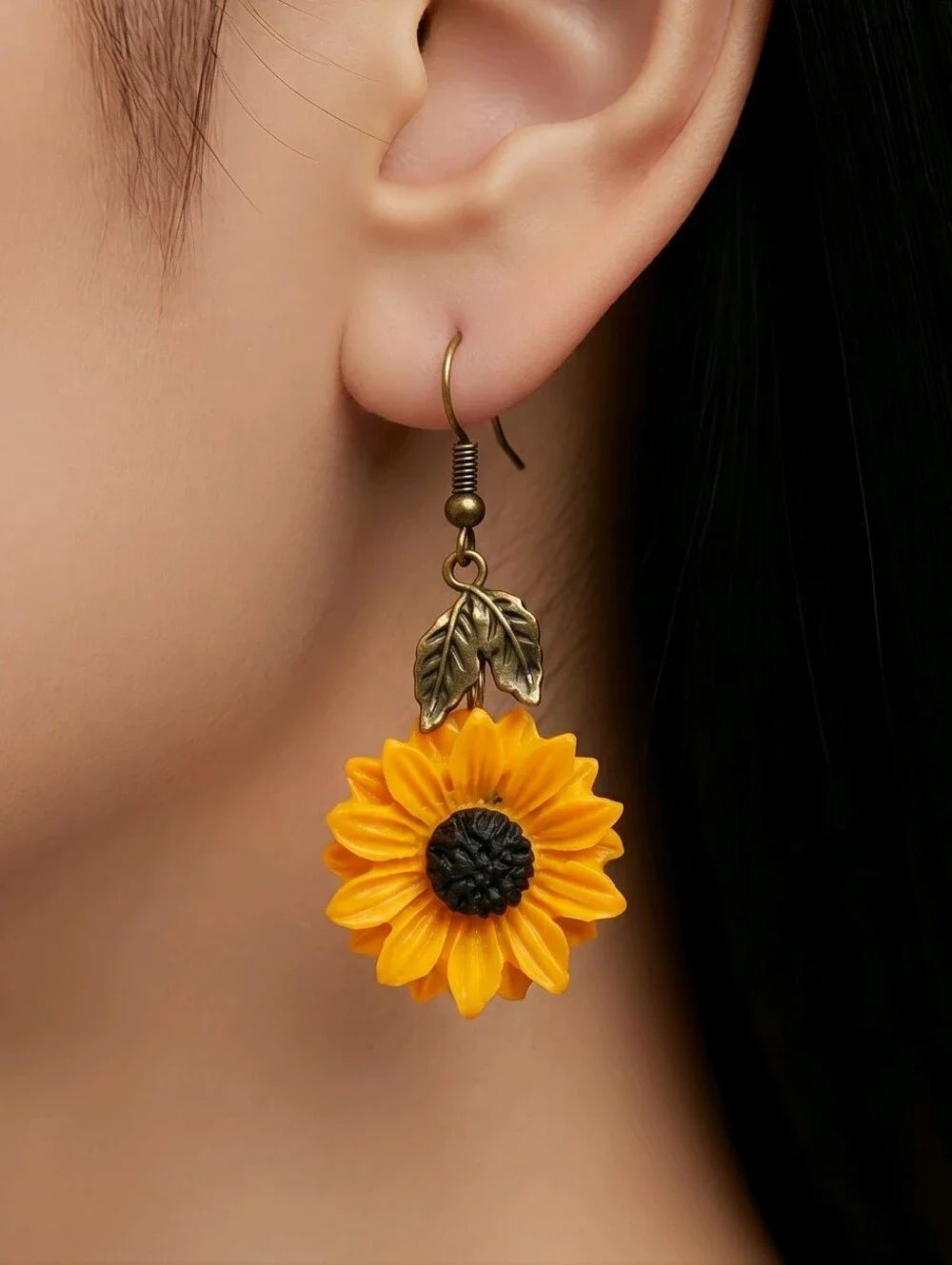Sunflower Resin Earrings Antique Gold Leaf Dangle 🌻 Floral Drop Boho Summer